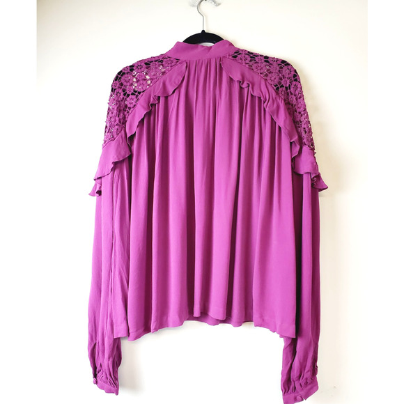 Free People Womens Medium Top Little Bit of Love Ruffle Raspberry Pink Lace - Picture 5 of 12